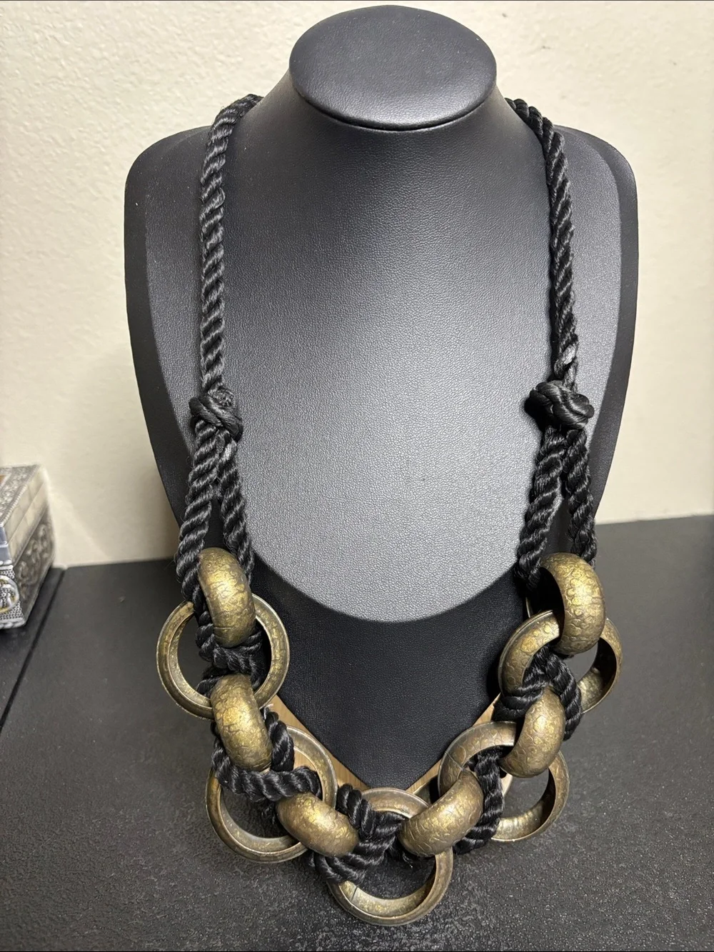 Brutalist Chunky Statement Gold-Tone Link Necklace with Black Rope